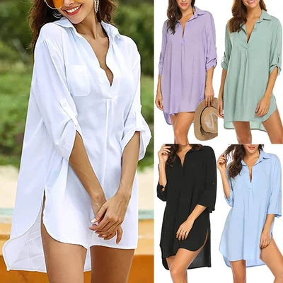 Irregular seven quarter sleeve shirt dress-Buy 2 Free Shipping