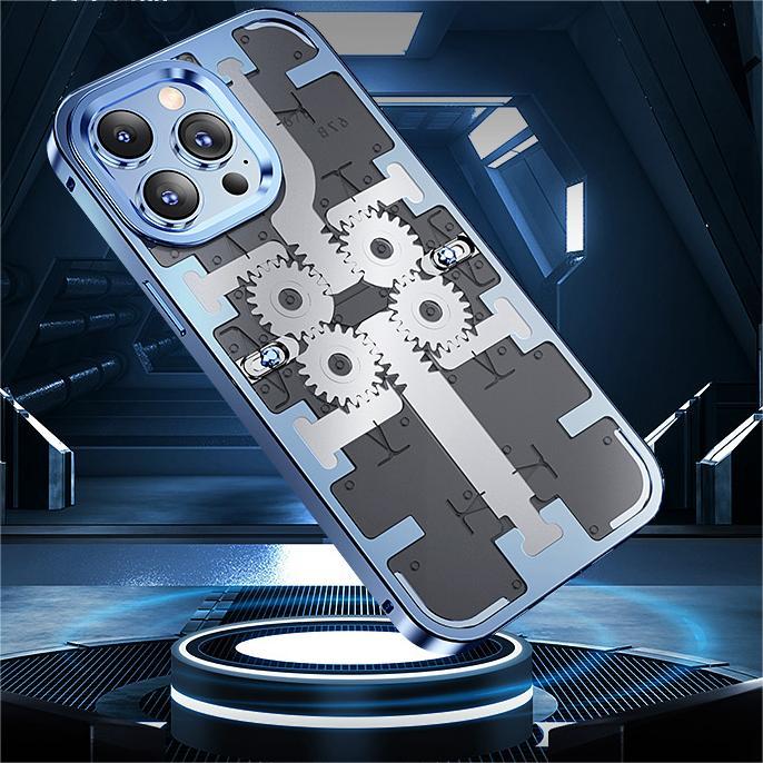 For iPhone 14 Series Mechanical Gear Metal Snap Phone Case